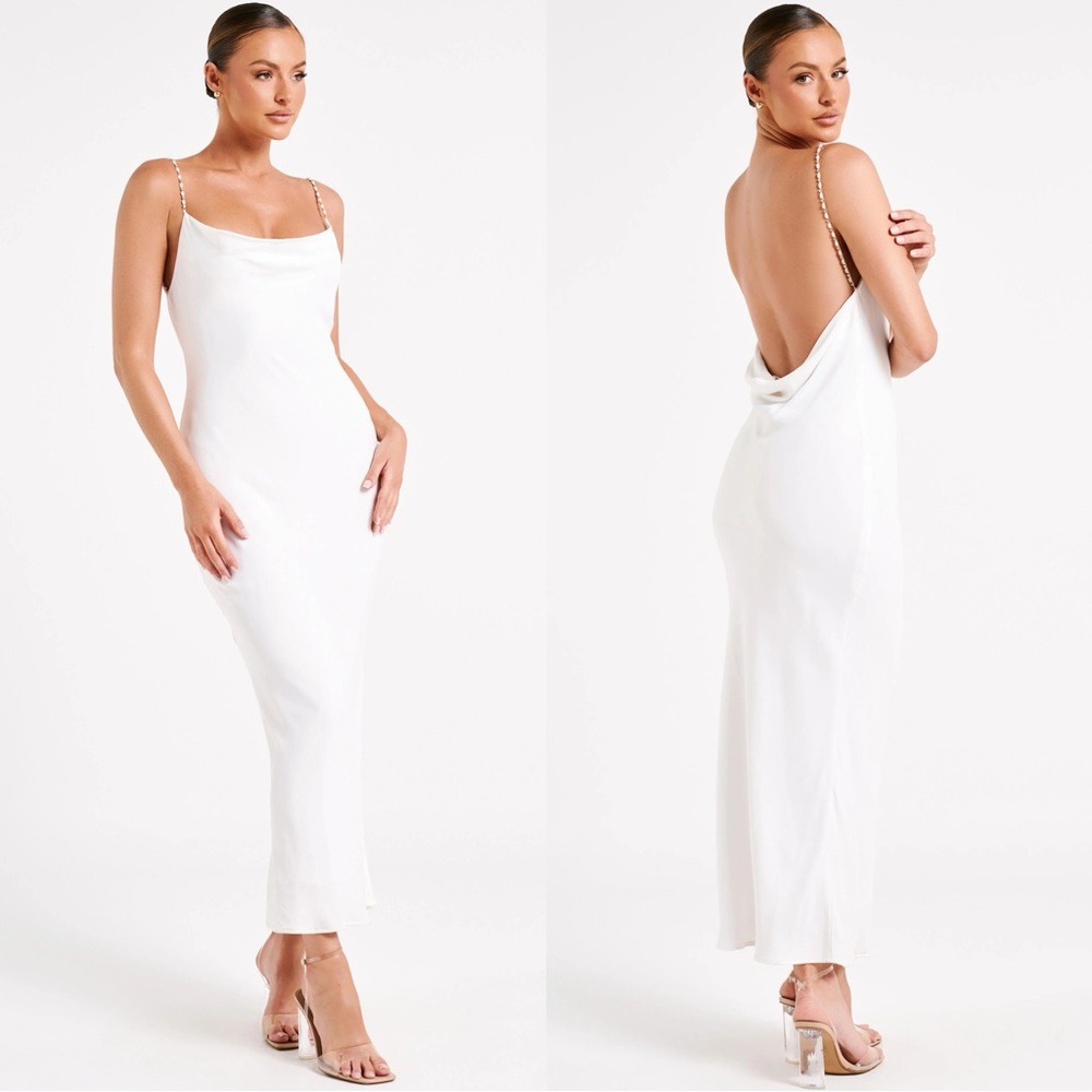 Meshki Adela Cowl Midi Dress with Pearl Trim
